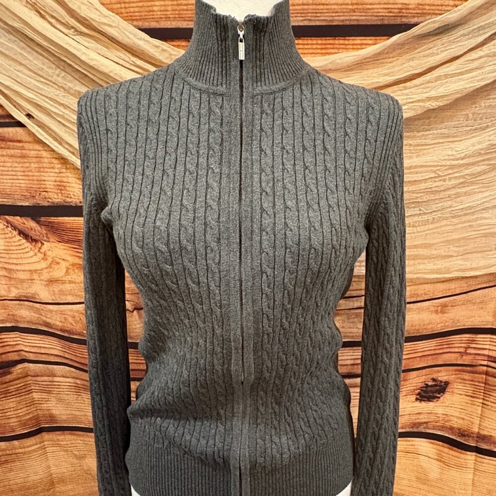 Tommy Hilfiger Women's Cable Knit Full Zip 100% Cotton‎ Gray Soft Sweater Size M